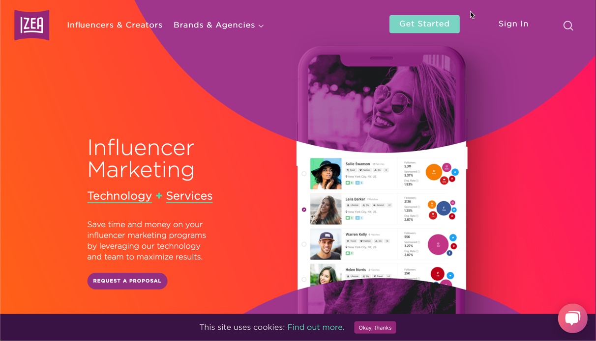 Screenshot of Izea influencer marketing website